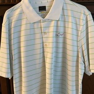 Men’s golf shirt, white with green stripes